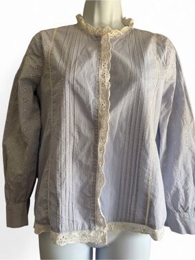 Zara Woman Blue & White Striped Eyelet Trim Blouse